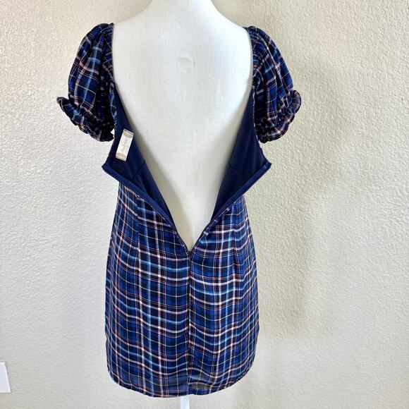 Altar'd State Britton Navy Blue Pink Puff Sleeve Plaid Summer Dress Wmn Sz Small - Picture 9 of 14